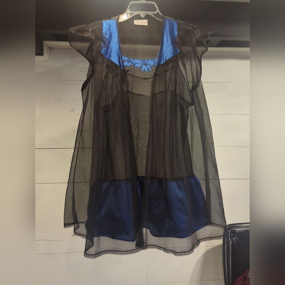 Vtg Secret Accents Sheer Black&Blue Lingerie Set (Teddy&Peignoir Robe) - Sz M-L